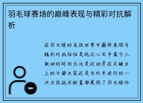 羽毛球赛场的巅峰表现与精彩对抗解析